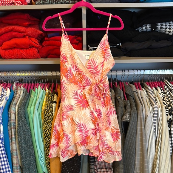 Miami white/pink/coral print adjustable strap v neck wrap mini dress size S - Picture 1 of 3
